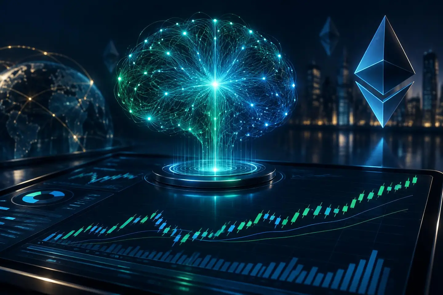 Ethereon Edge AI trading platform dashboard with a neural network analysing live crypto and forex charts